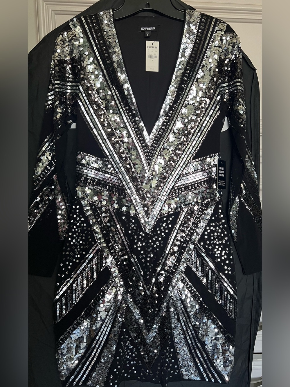 Express Mini Black Dress with Silver Sequin Geometric Design